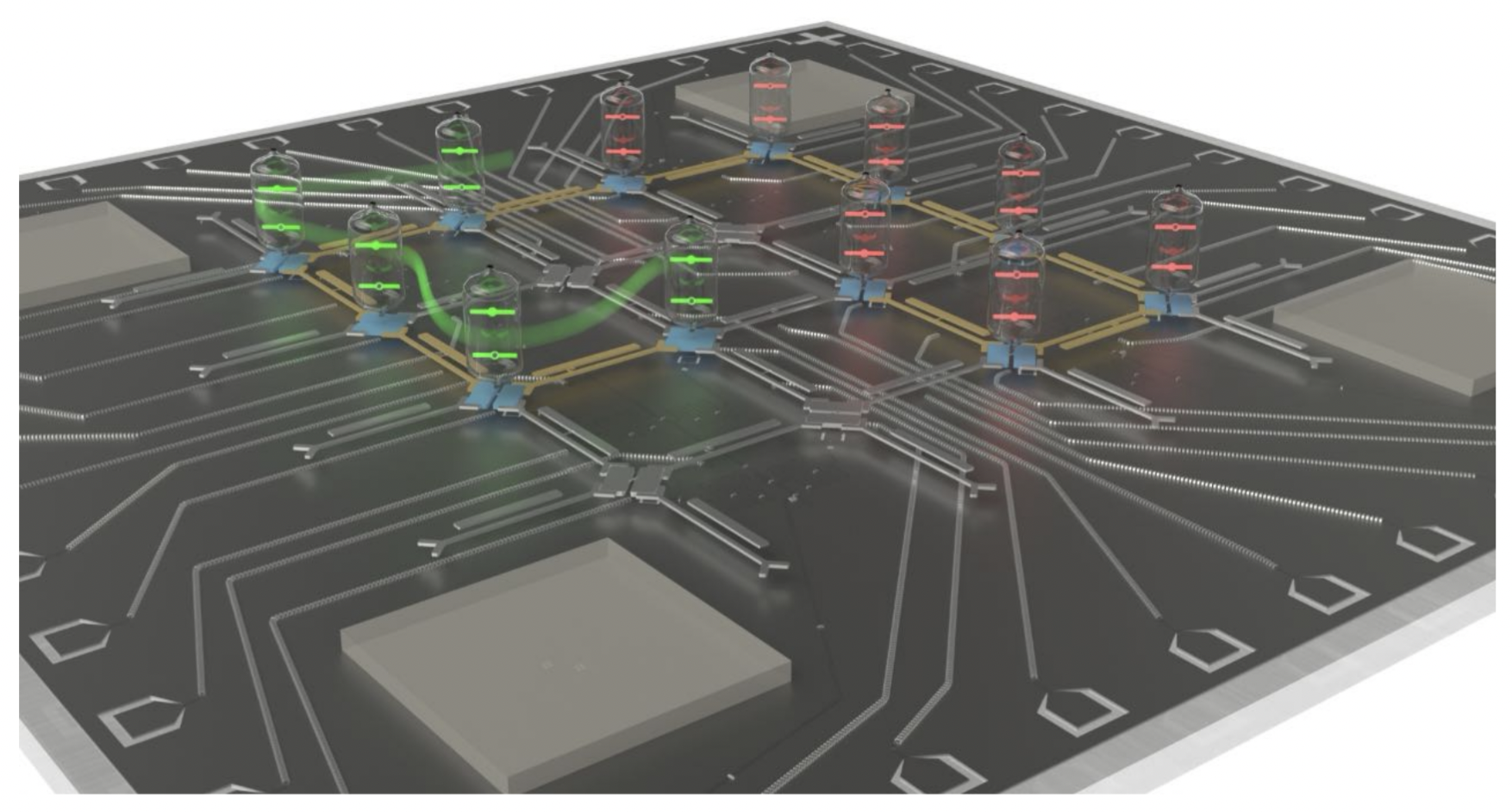 3D rendering of a superconducting quantum chip laid out as a 16-qubit lattice. Twelve qubits in the middle are shown as small vertical resonators, linked by couplers in a hexagonal pattern; some are highlighted in green and others in red to indicate which qubits were activated during the experiment.