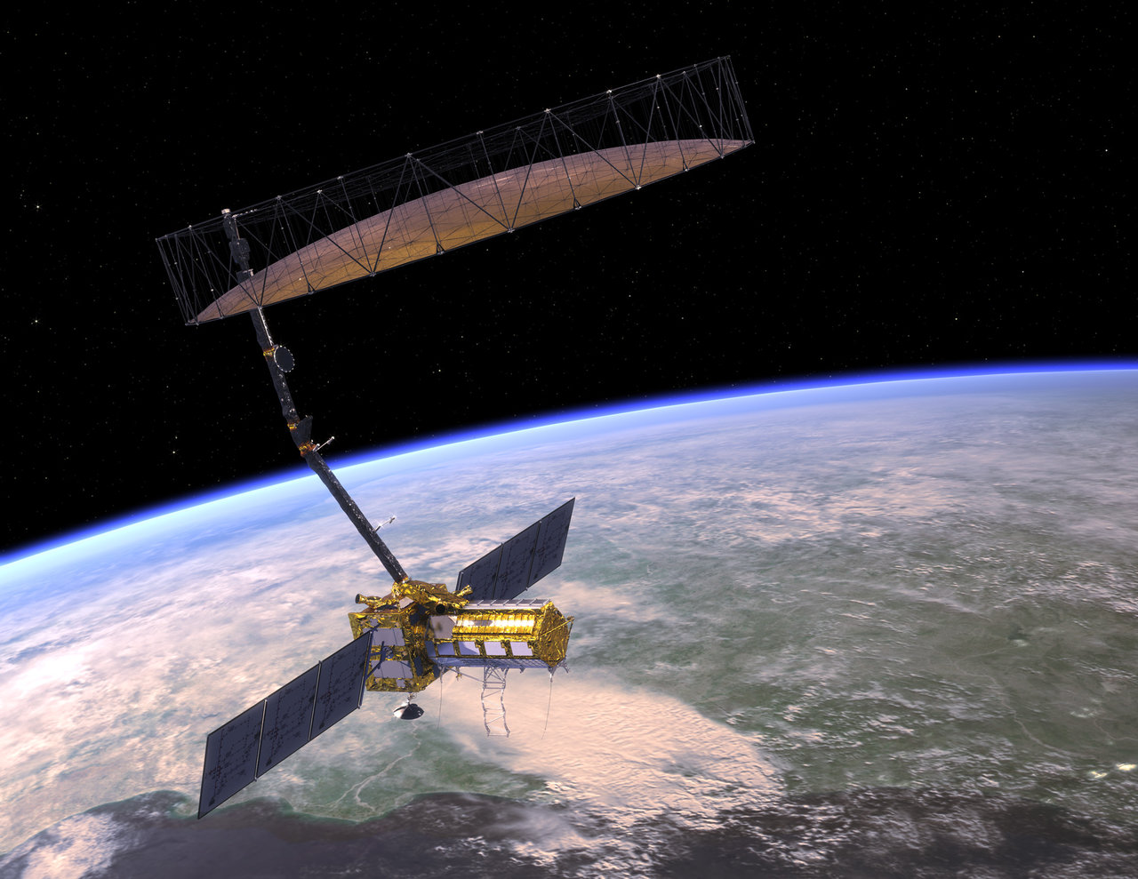 An artist's concept of NISAR orbiting Earth. The satellite's mesh antenna and reflector are visible overhead, at the end of the boom.