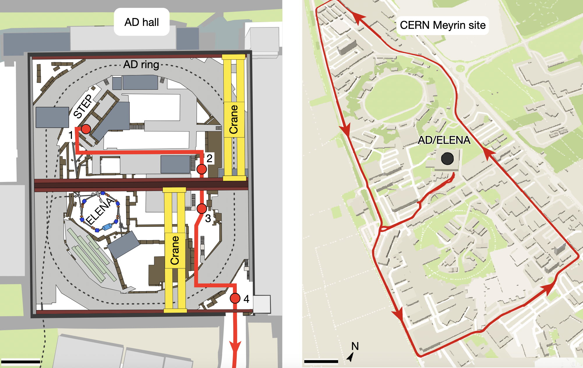 Left: The route for the first transport demonstration through the AMF hall. Point 1 is the experiment zone from which an overhead crane moved the transport frame to point 2. At point 2, the transport frame was loaded onto a trailer and moved to point 3, where it then got picked up by the second overhead crane. Point 4 is the loading bay with the truck. Right: Road map of the Meyrin site of CERN and the GPS position data recorded during transportation. Credit: Nature 641, 871–875 (2025)
